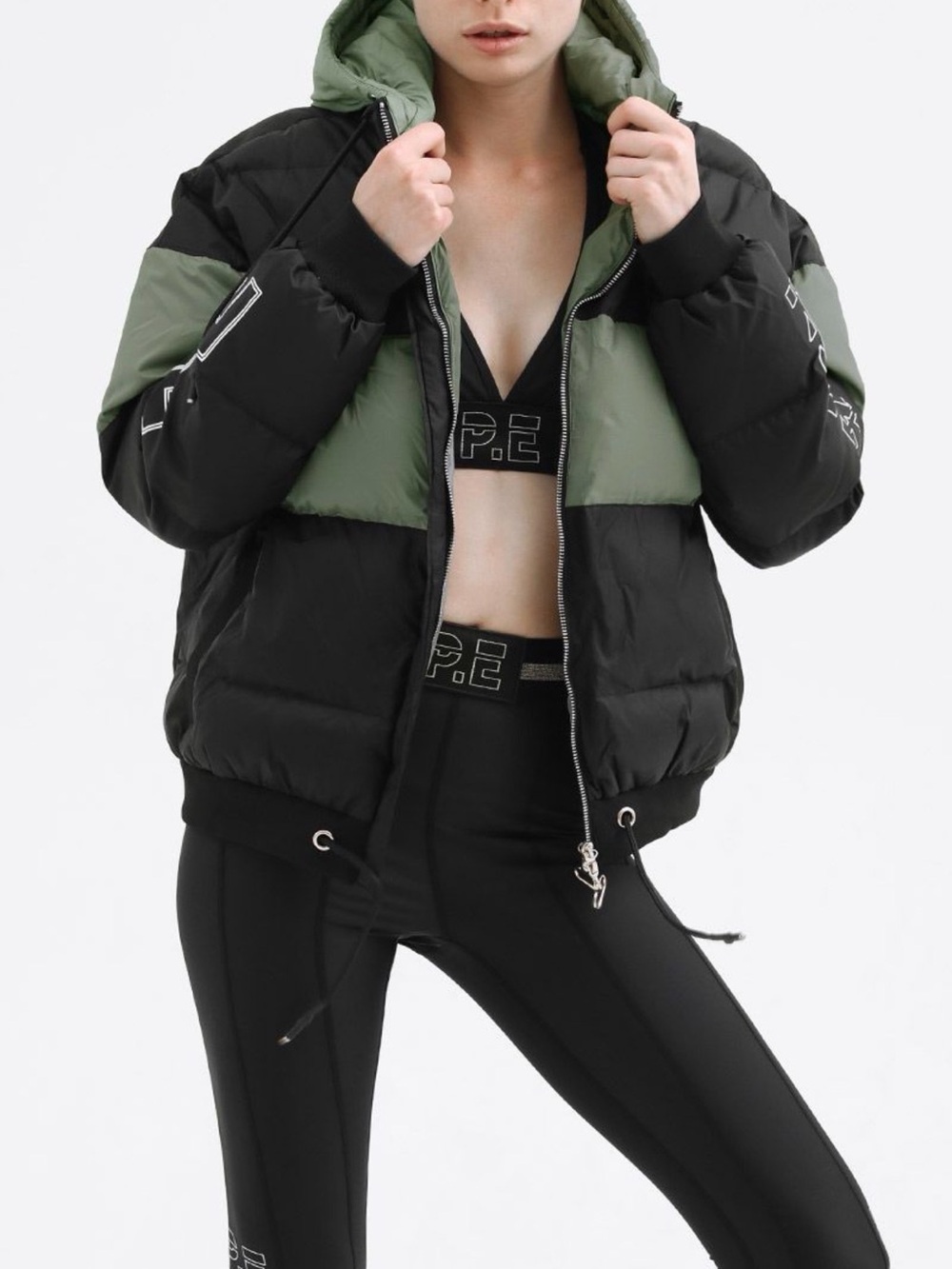 P.E Nation Green Black Colorblock Puffer Jacket Size XS